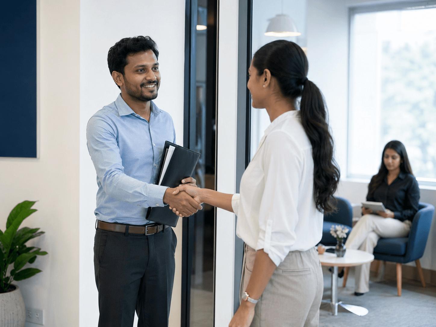 TeamZoro recruiter greeting an applicant before an interview