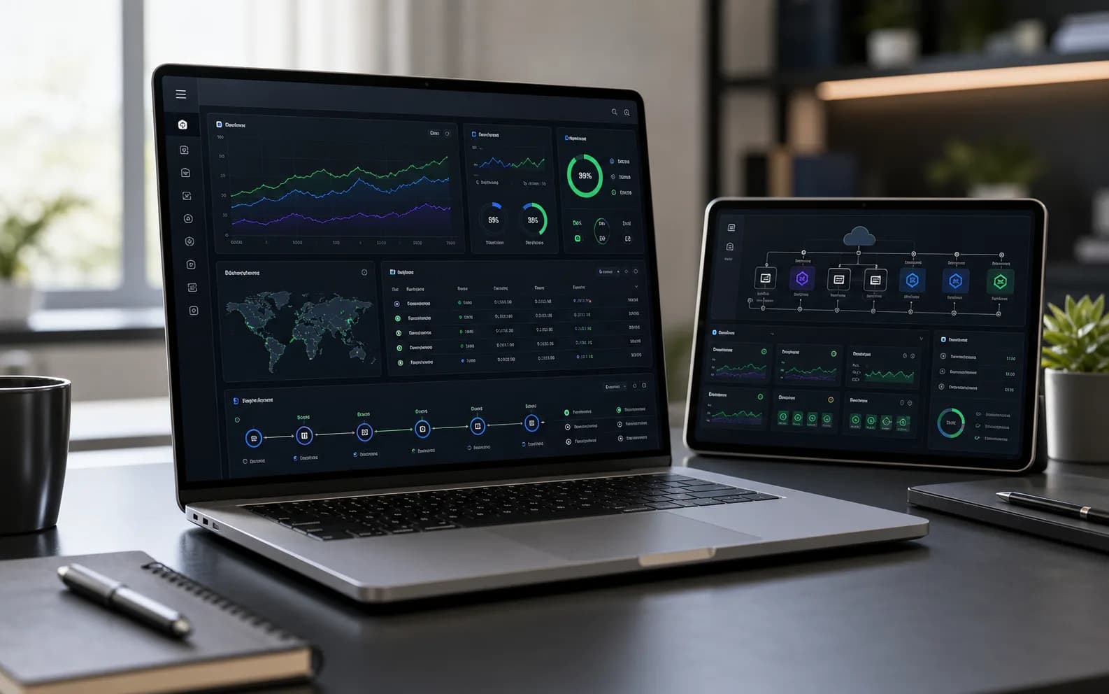 Laptop and tablet showing cloud hosting deployment dashboards and service health panels