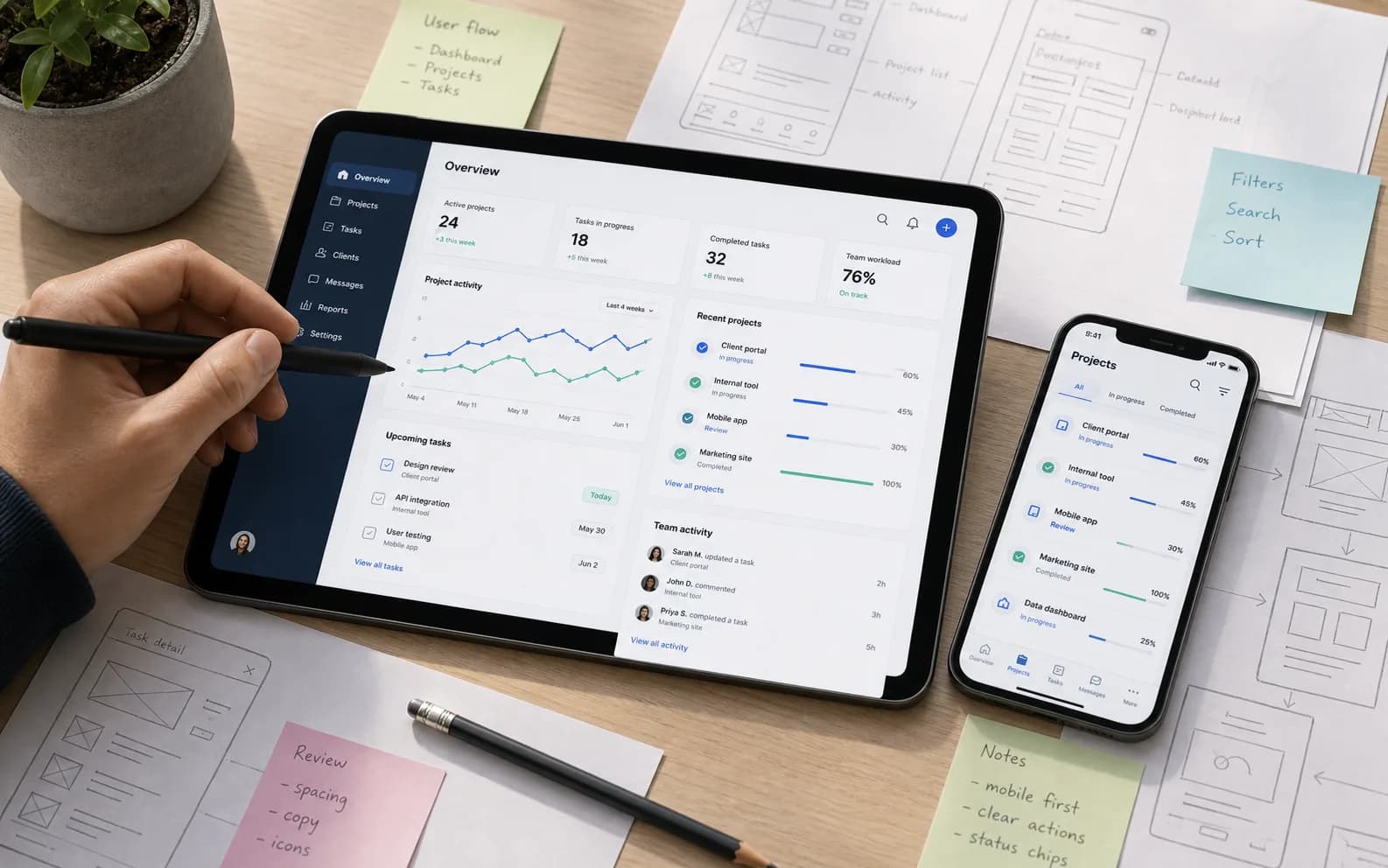 Tablet and phone showing a custom product interface with wireframes