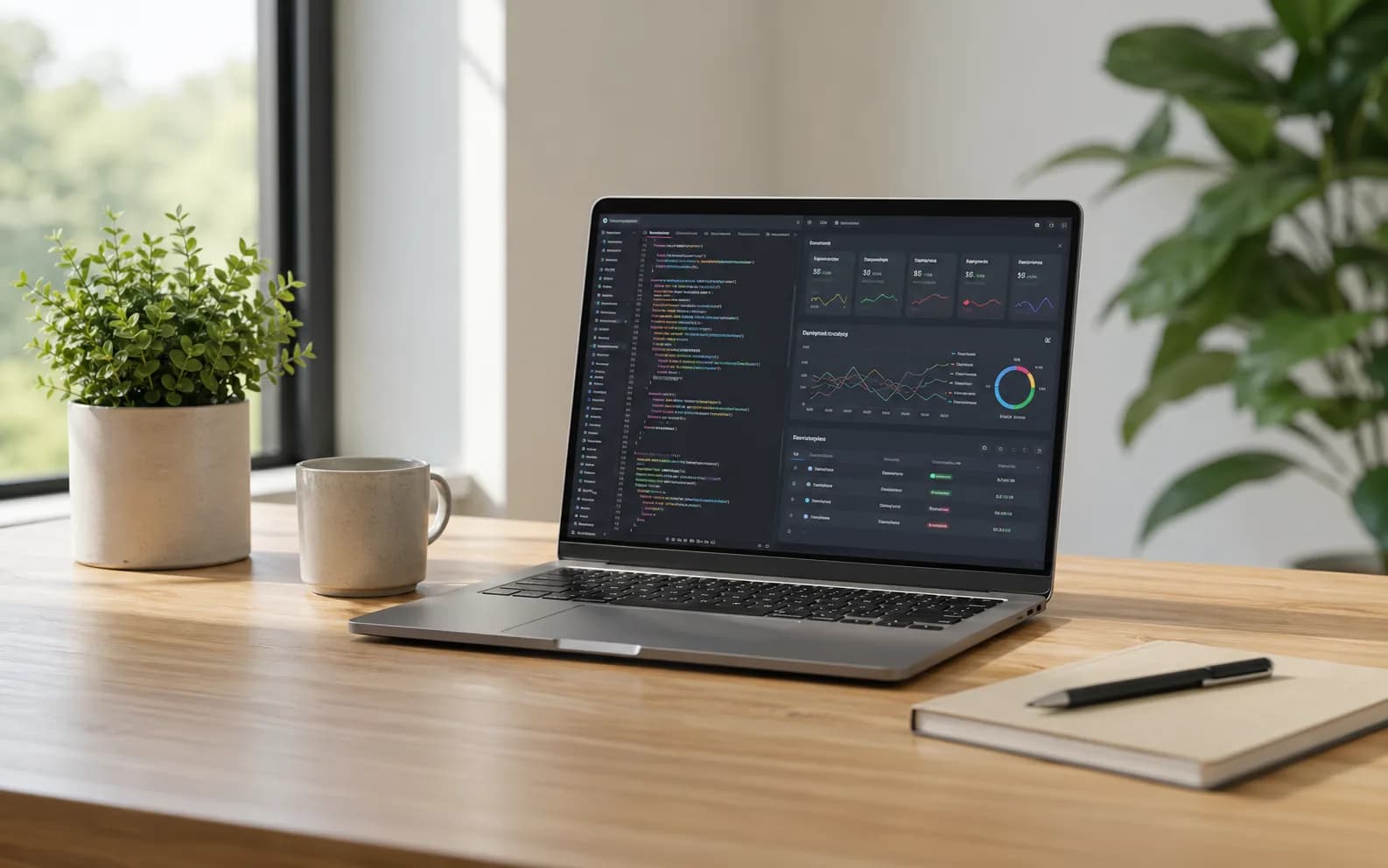 Laptop-only software development workstation with code and product status panels