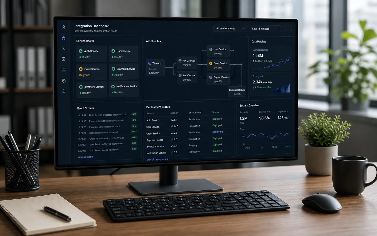 Desktop operations monitor showing service health and API integration panels