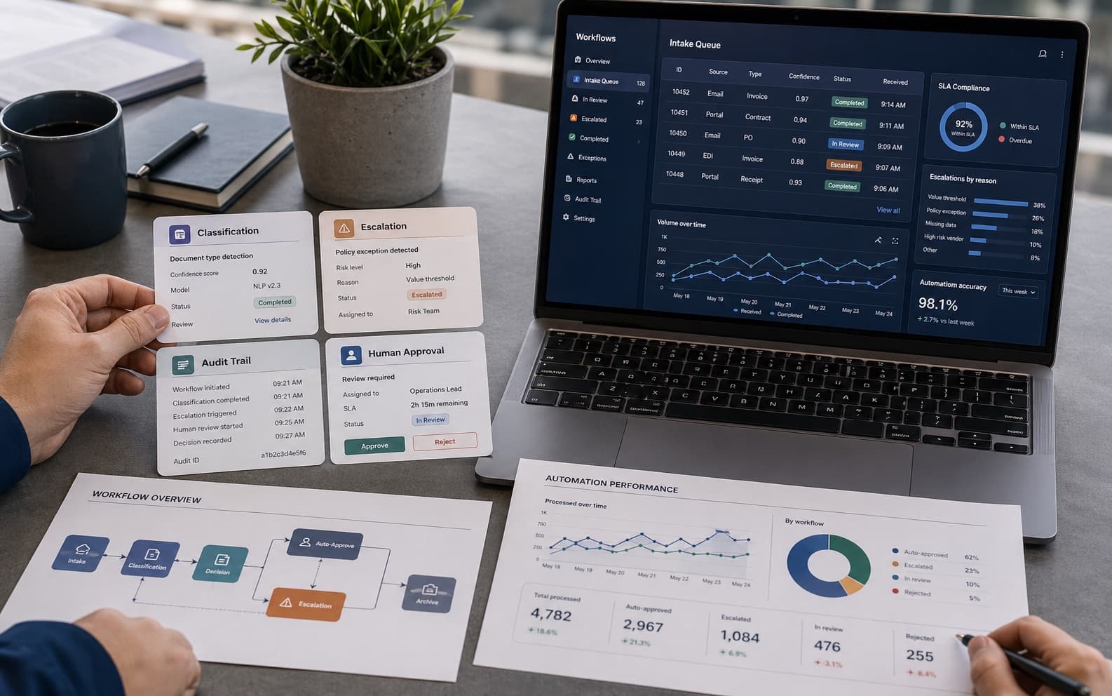 AI automation browser card showing review queues, escalation cards, and audit dashboards