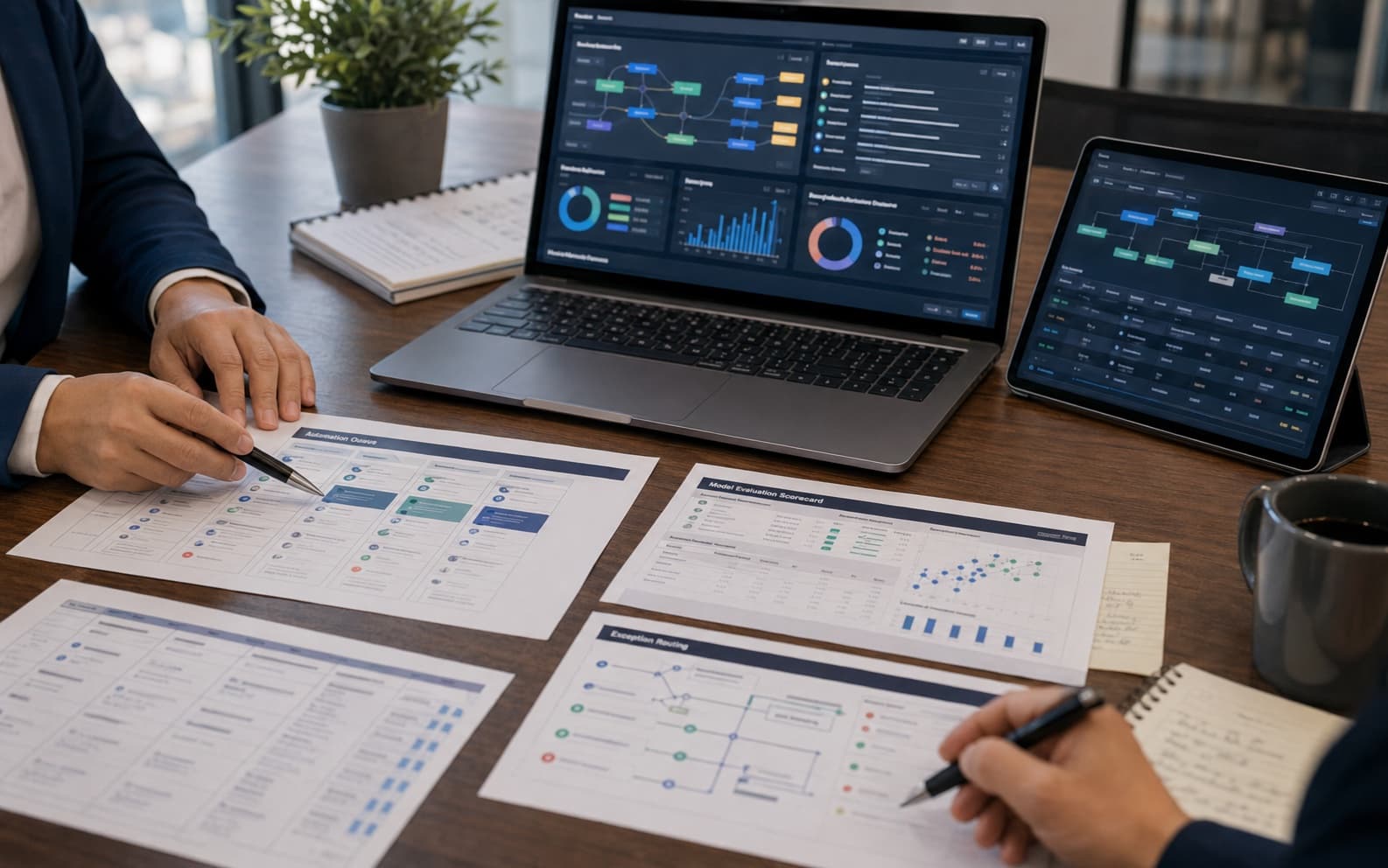 AI workflow review with operations dashboards, automation queues, and team planning