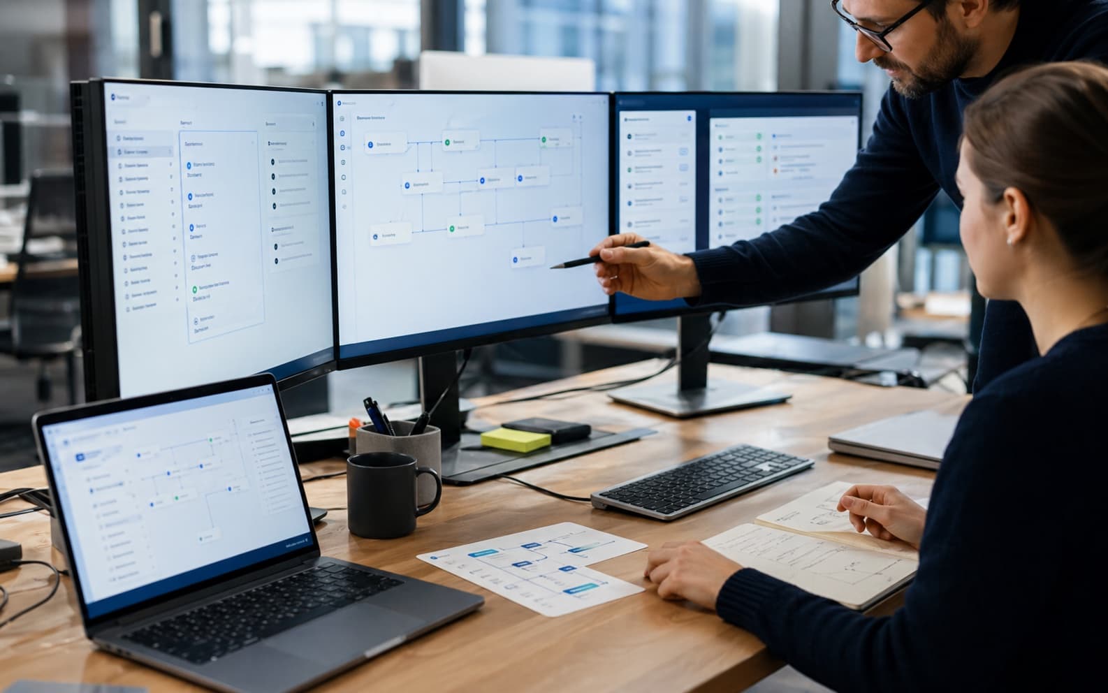 AI integration team reviewing automation workflows and operational dashboard screens