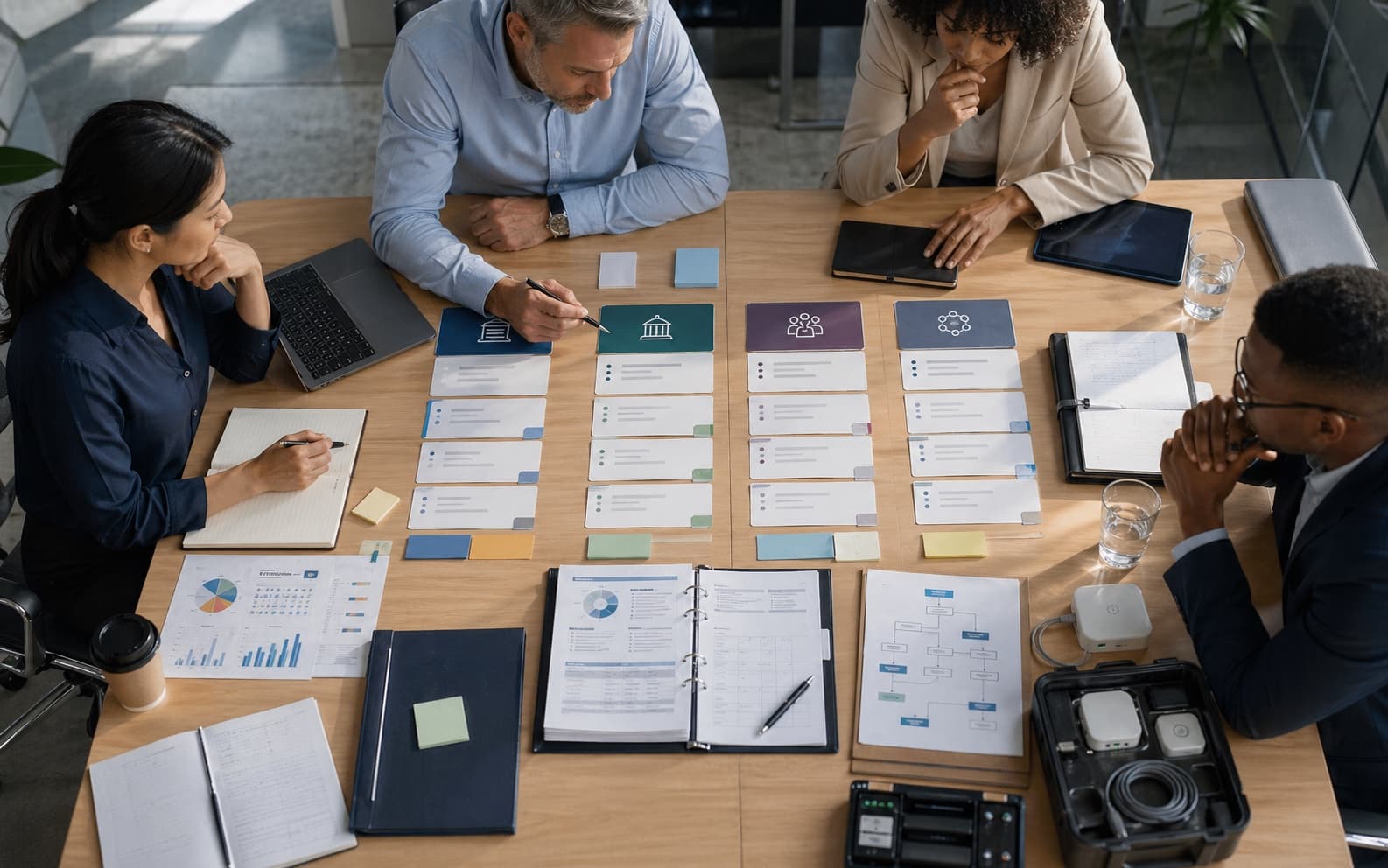 Buyer decision room with procurement teams separating enterprise, public, institutional, and hybrid review contexts