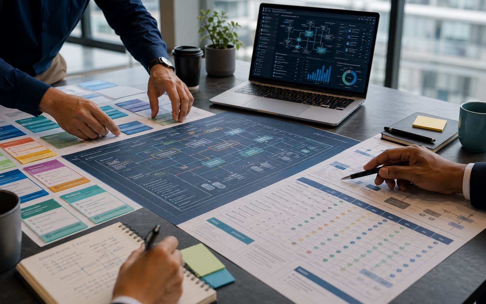 Custom software planning team reviewing system architecture and workflow diagrams