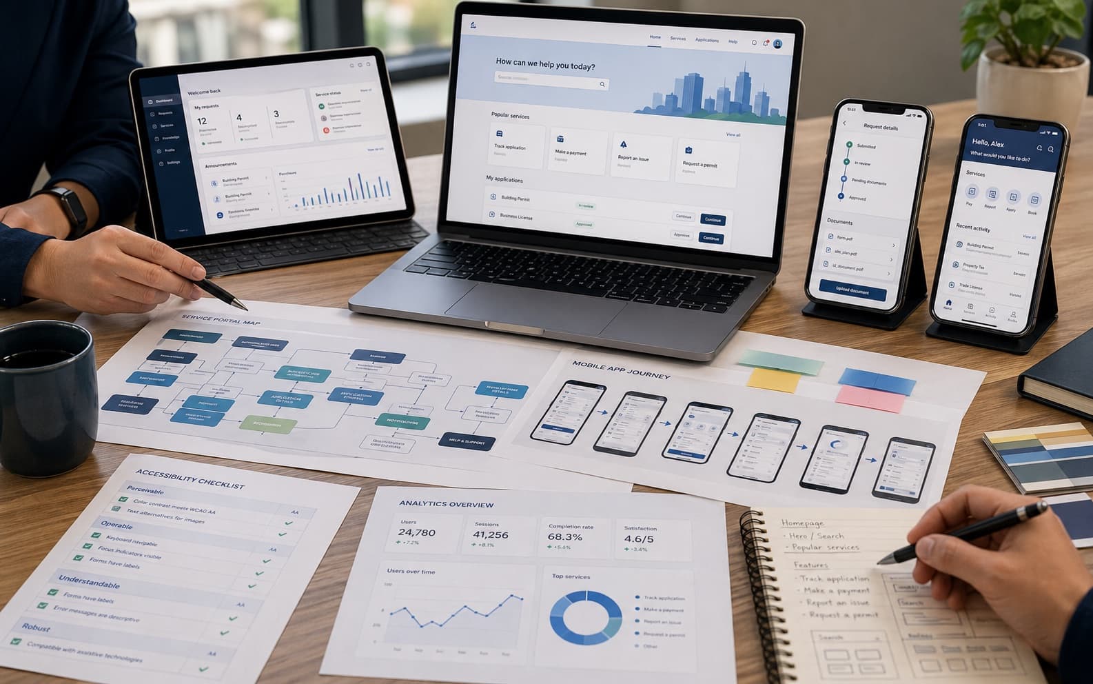 Digital product browser card showing portal maps, mobile journeys, accessibility checks, and analytics