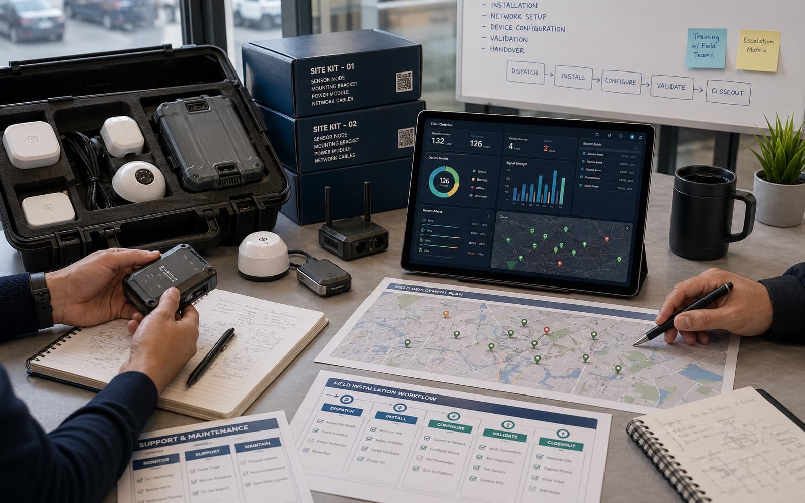 Hybrid program browser card showing field devices, rollout kits, device health dashboards, and deployment maps