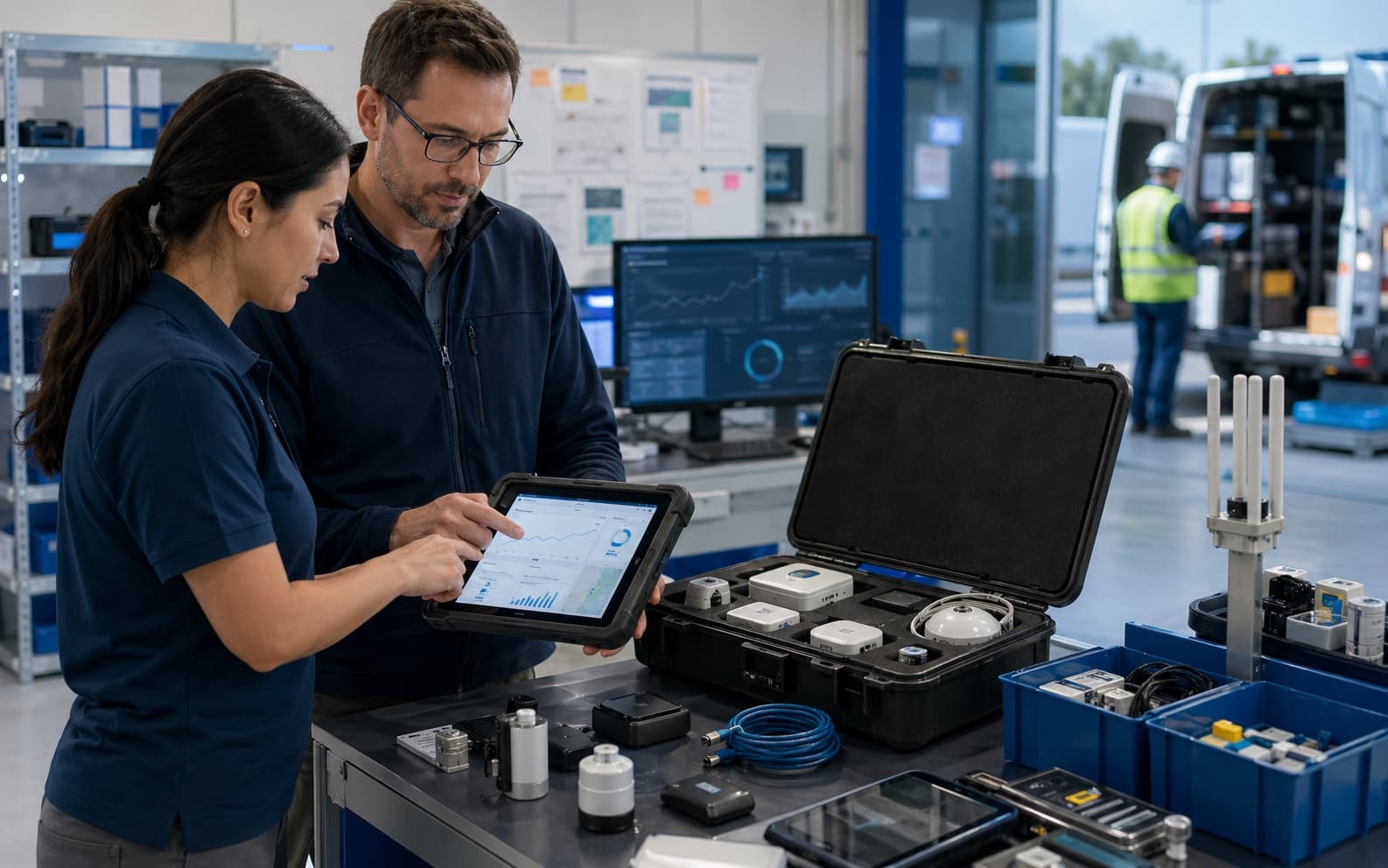 Hybrid hardware-software team reviewing device kits, field equipment, and software dashboards