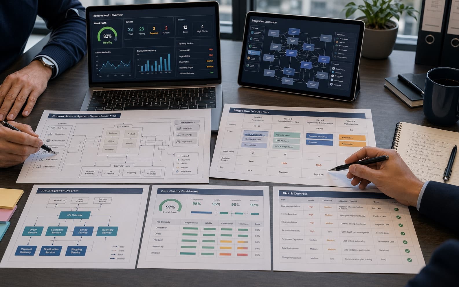 Modernization browser card showing dependency maps, migration waves, API diagrams, and data controls