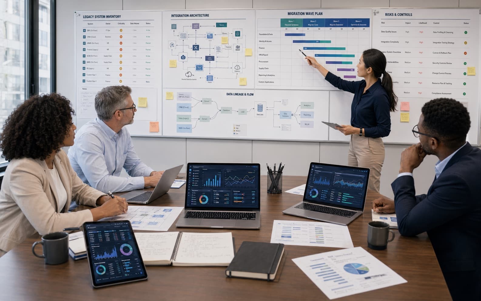 Platform modernization team comparing legacy architecture with integration planning materials