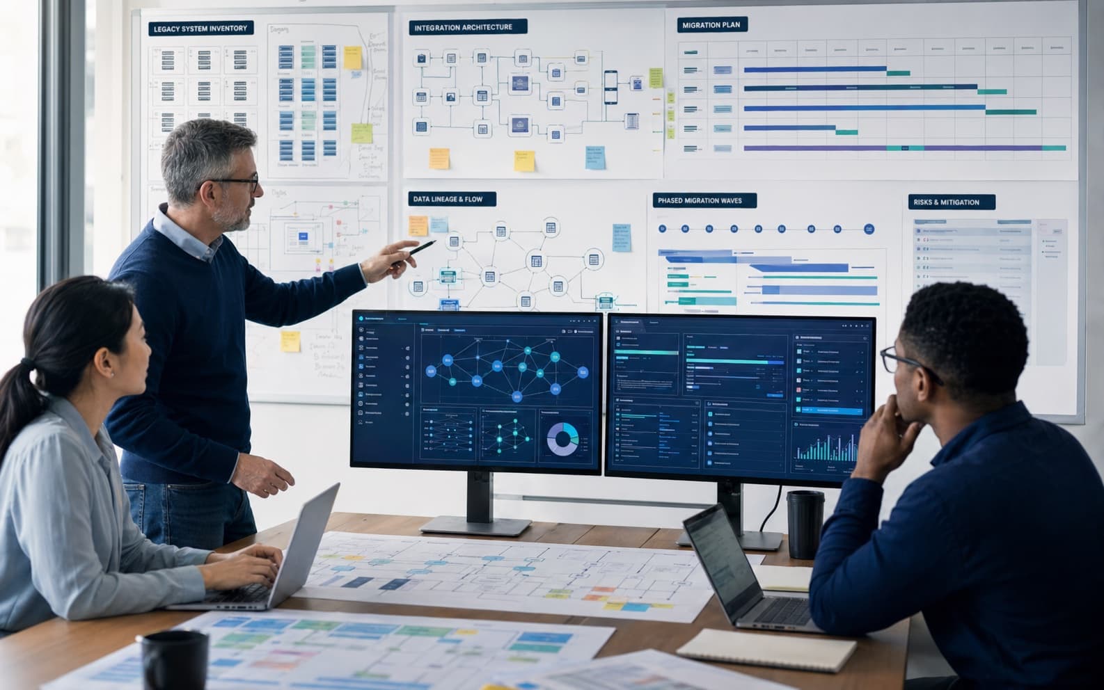 Platform modernization review with integration diagrams, migration plans, and technical dashboards