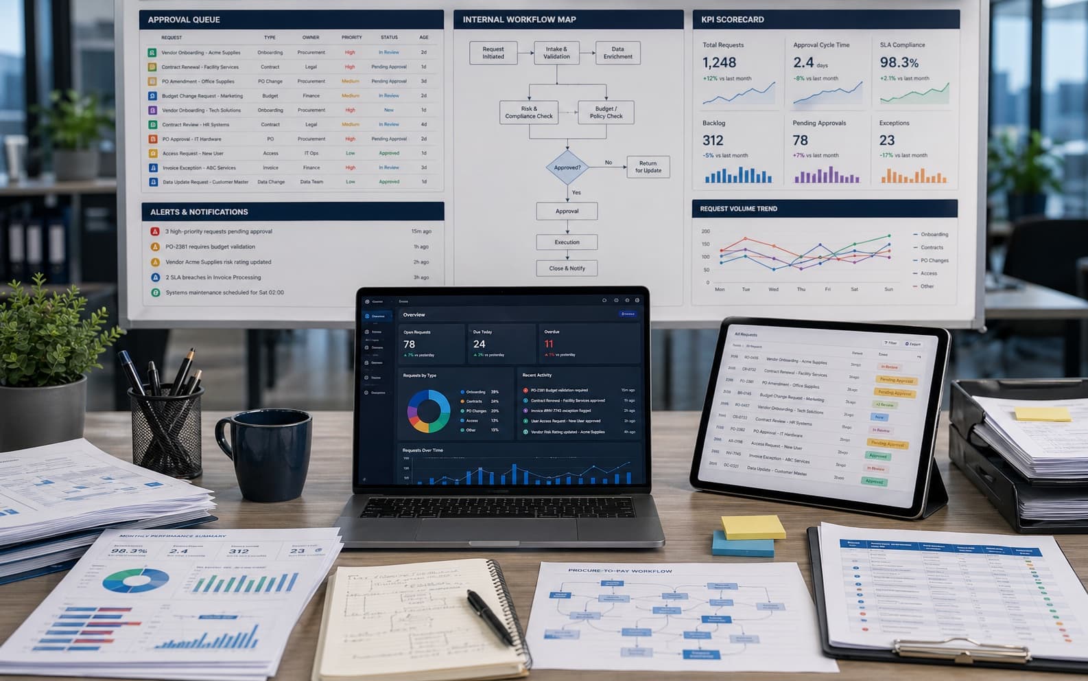 Operational systems browser card showing approval queues, KPI boards, alerts, and workflow dashboards