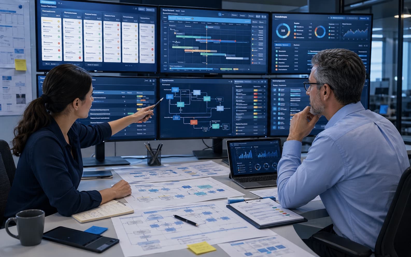 Operations team reviewing dashboards, approval flows, and internal workflow materials
