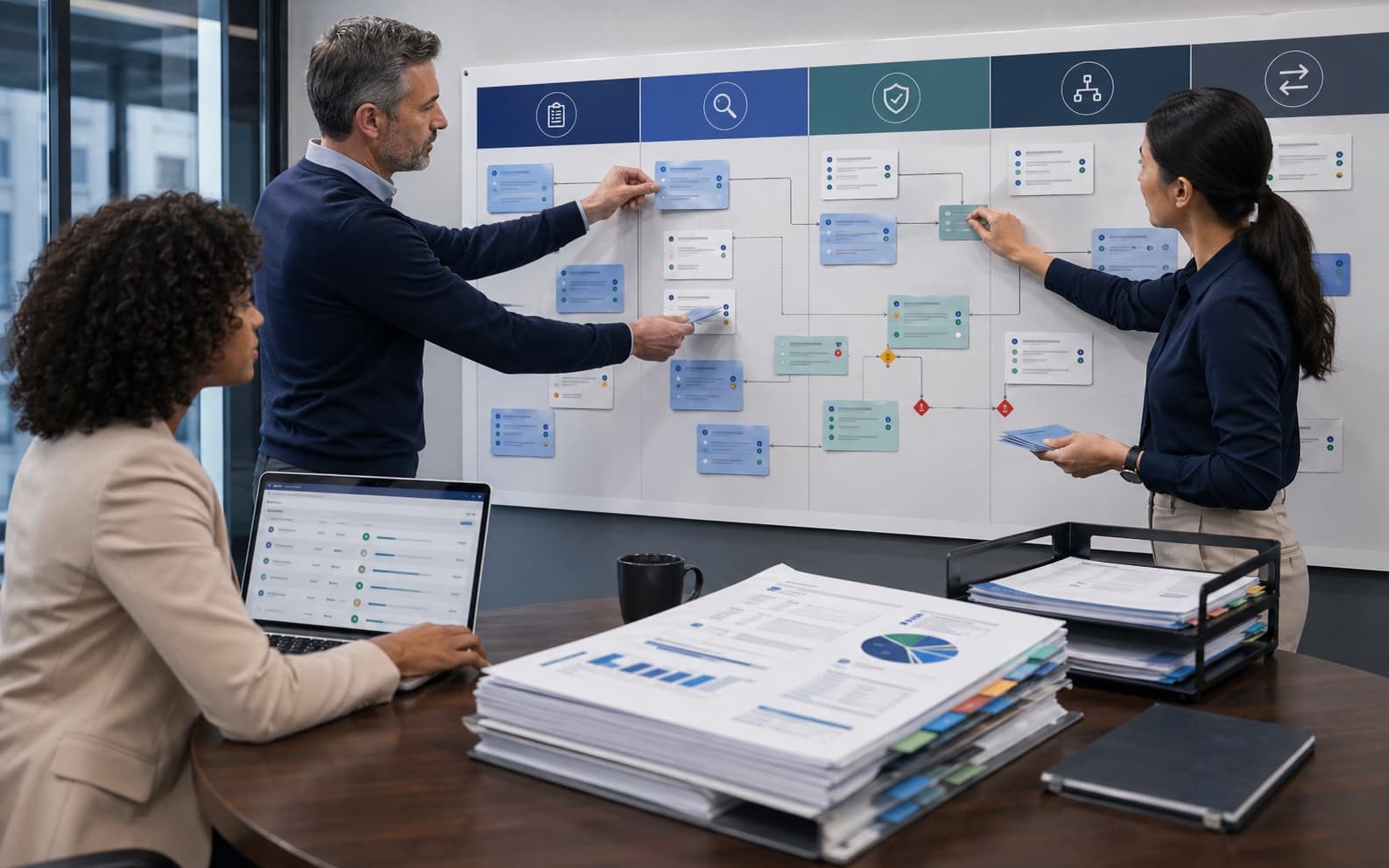 Procurement review team validating intake, governance, risk, and handoff stages