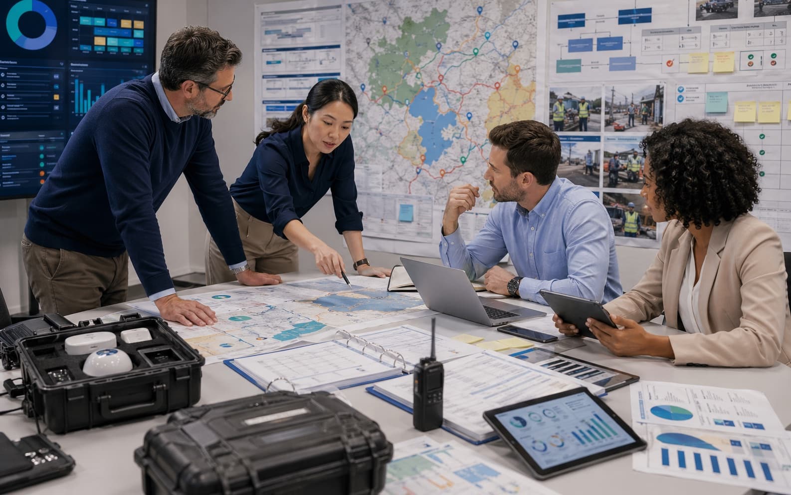 Sector environment planning team reviewing rollout conditions, controls, maps, and operating risks
